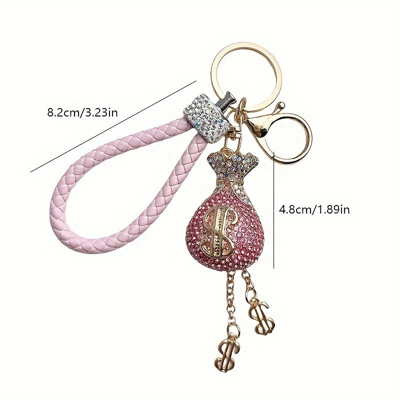 Elegant Alloy & Rhinestone-Encrusted Dollar Sign Keychain with Braided Rope - Sparkling Charm for Car Keys, Bags & Wallets - Ideal Birthday Gift